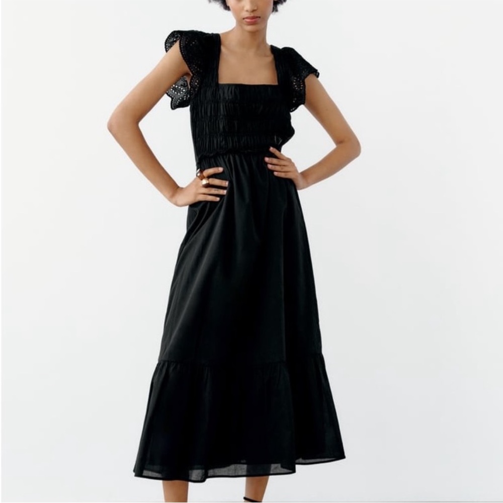 Zara Black Midi Dress with Smocked Bodice and Flutter Sleeves
